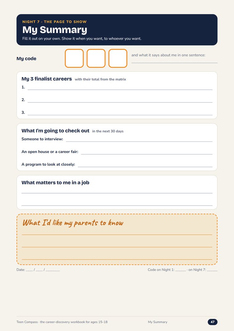 My Summary: one page filled in by your teen